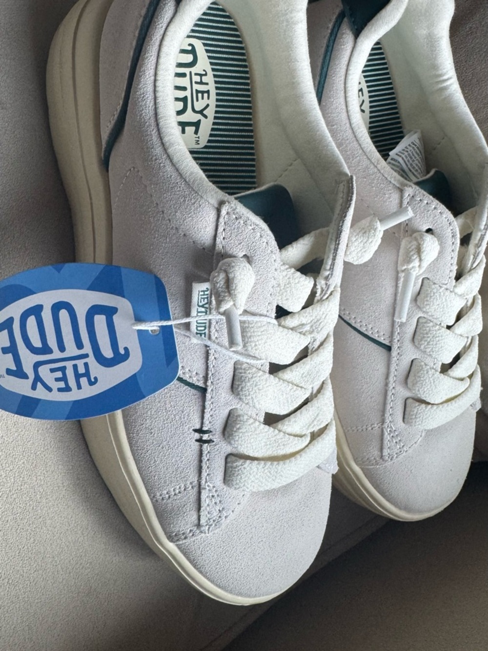 Hey Dude women’s size 7 Suede Lace-Up Sneakers in white  with Teal Trim